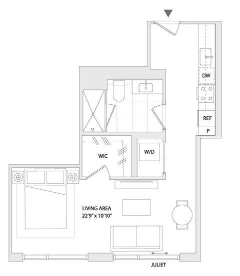 Floor plan for studio, 1 bath, 527 sqft